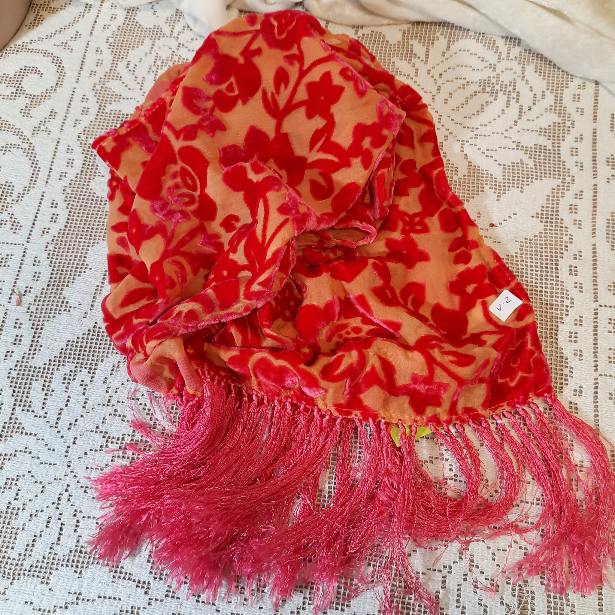 red/peach burnout silk velvet scarf